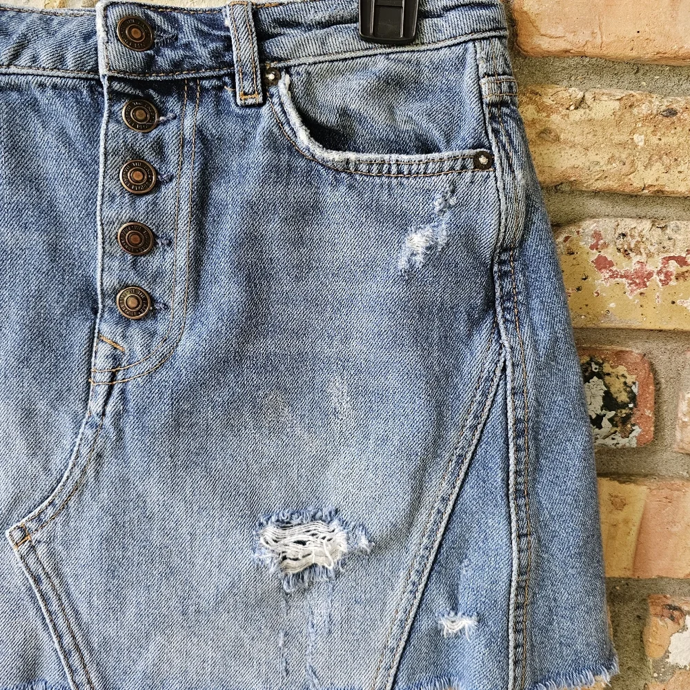 We the Free Denim Mini Skirt Distressed Button Fly - Picture 10 of 15